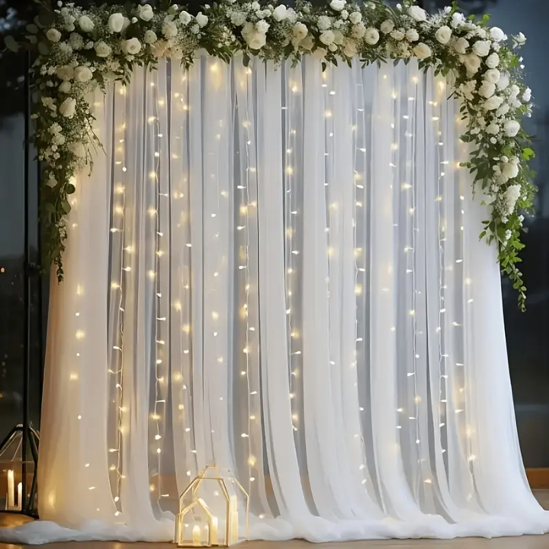 3pcs (2pcs 1.6 * 3m/62.9 * 118.3inch veil+1 light) white transparent gauze curtain+1 lamp, wedding arch gauze curtain, wedding back decoration transparent gauze, wedding arch decoration gauze curtain