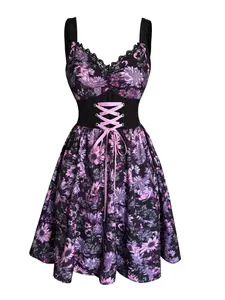 Women's Elegant Floral Printed Dress, Lace Splicing V-Neck, Elastic Waist Pleated Hem, Perfect for Dating Vacation Casual Boho Chic Wear, Womenswear