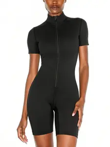 Women Full Body Sauna Sweat Jumpsuit, Waist Trainer Tummy Control, Fitness Workout Sweat Suit, Short Sleeve, Above the Knee