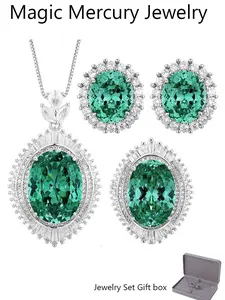 Vintage Simulated Gemstone Paraiba Green Oval Cut Jewelry Set for Women Ring Earrings Necklace Luxury Fashion Accessories Gifts for Women
