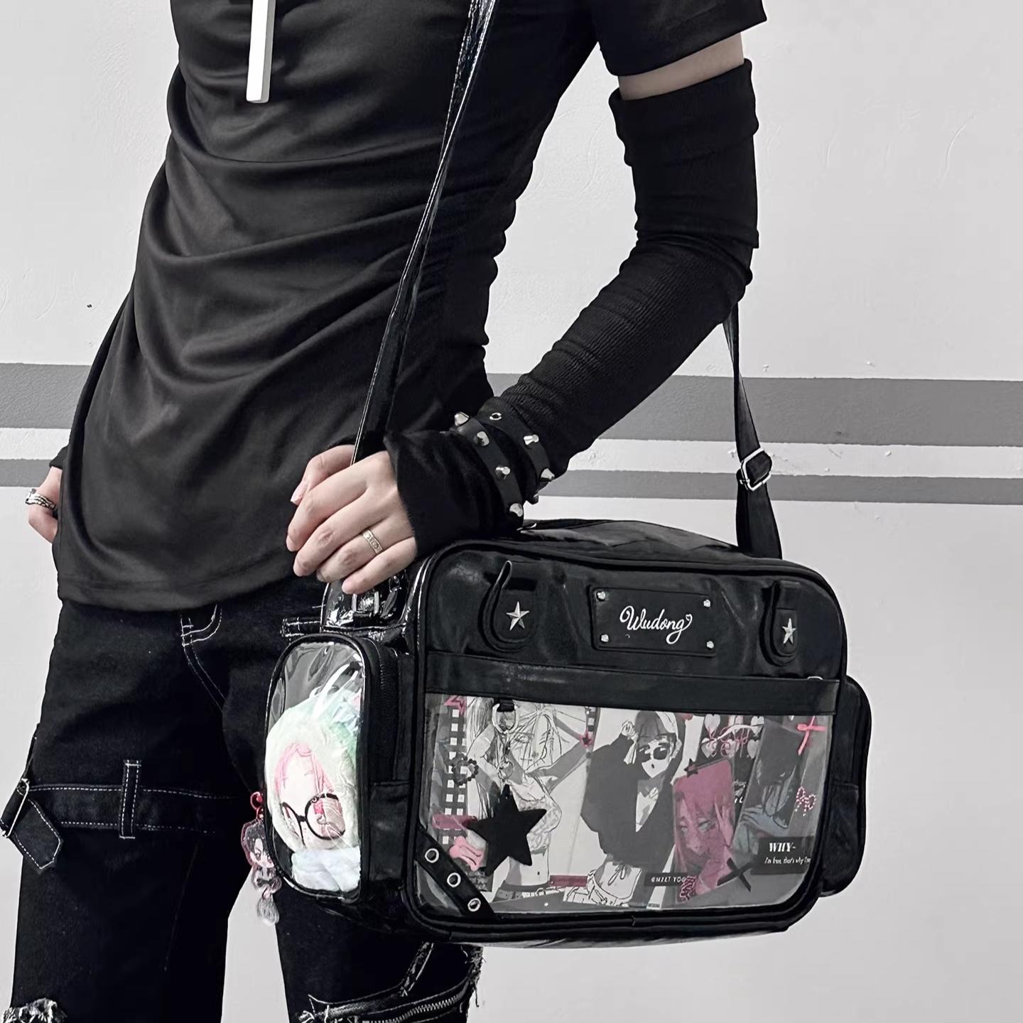 Large Capacity Ita Bag with Star Accent, Transparent Pocket Anime Badge Display Tote Bag, Kawaii Aesthetic Anime Merch Bag for Cosplay & Daily Use, Cute Casual Shoulder Bag for Anime Girls