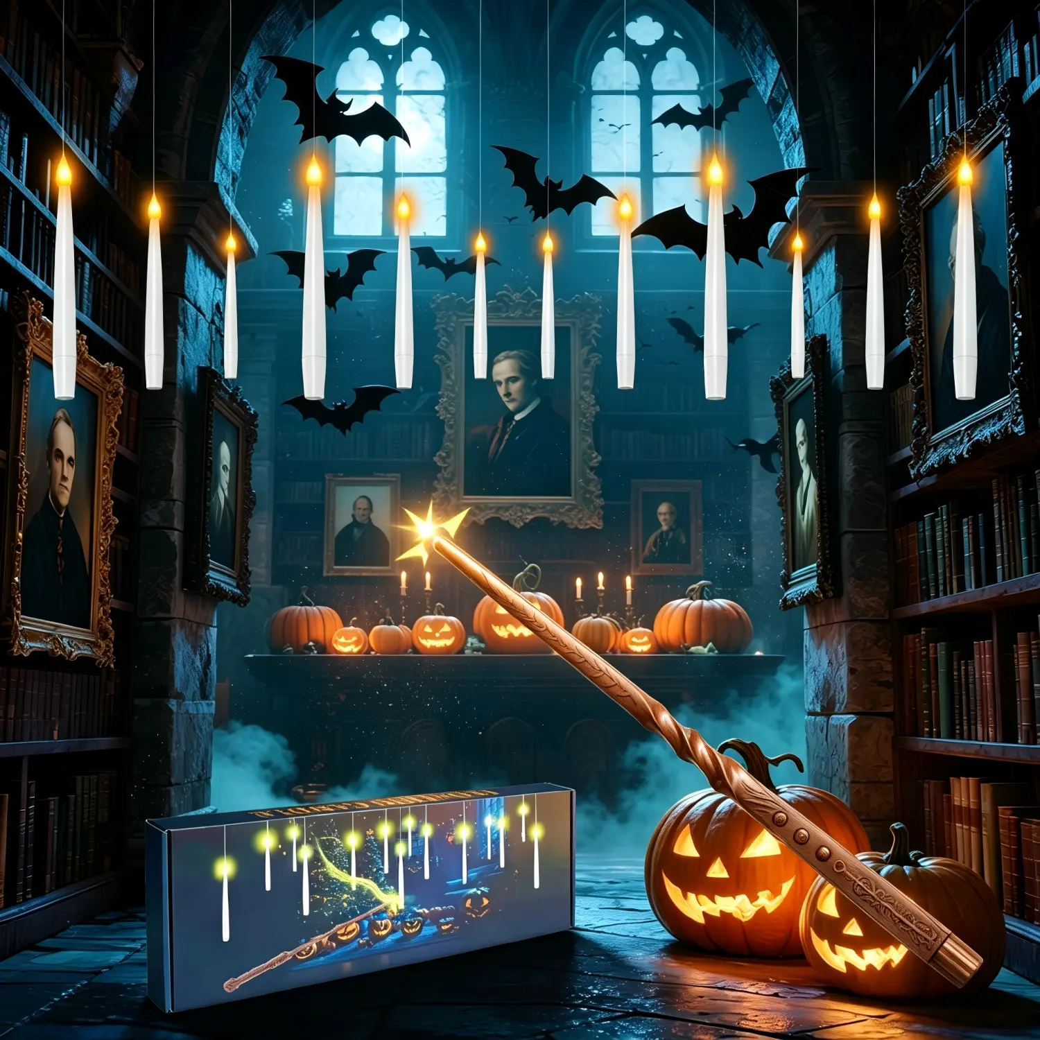 2026 New Floating LED Candle Lights, Magic Hanging Flameless Flickering Taper Candles with Wand Remote Control, Battery Operated Spooky Decor Props for Halloween Witch Wizard Theme Party, Indoor Window Ceiling Home Decor Supplies
