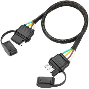 4 Pin Trailer Wire Extension, 12 inch, 4 Way Flat Trailer Light Plug Connector with Dust Cover, 18AWG Pure Copper Wiring Harness Extender with Loom Tubing Protection