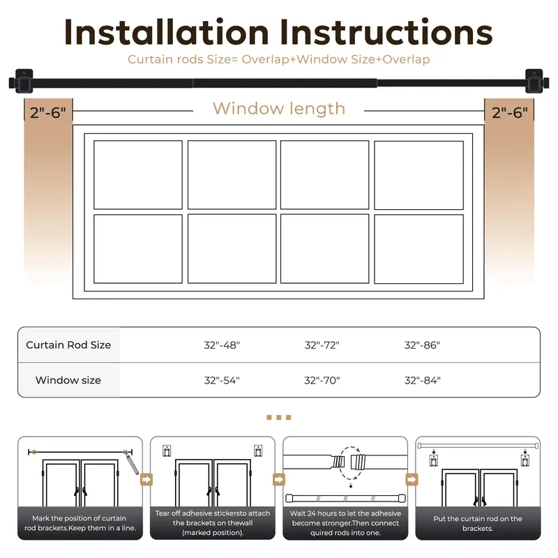 Inovaday | No-Drill Curtain Rods For Windows-Adjustable 5/8" Tension Rods, Adhesive Brackets, Easy Install Black Drapery Pole,Back To School,Renter-Friendly/Dorm Essentials,Home Decor,Home Essentials