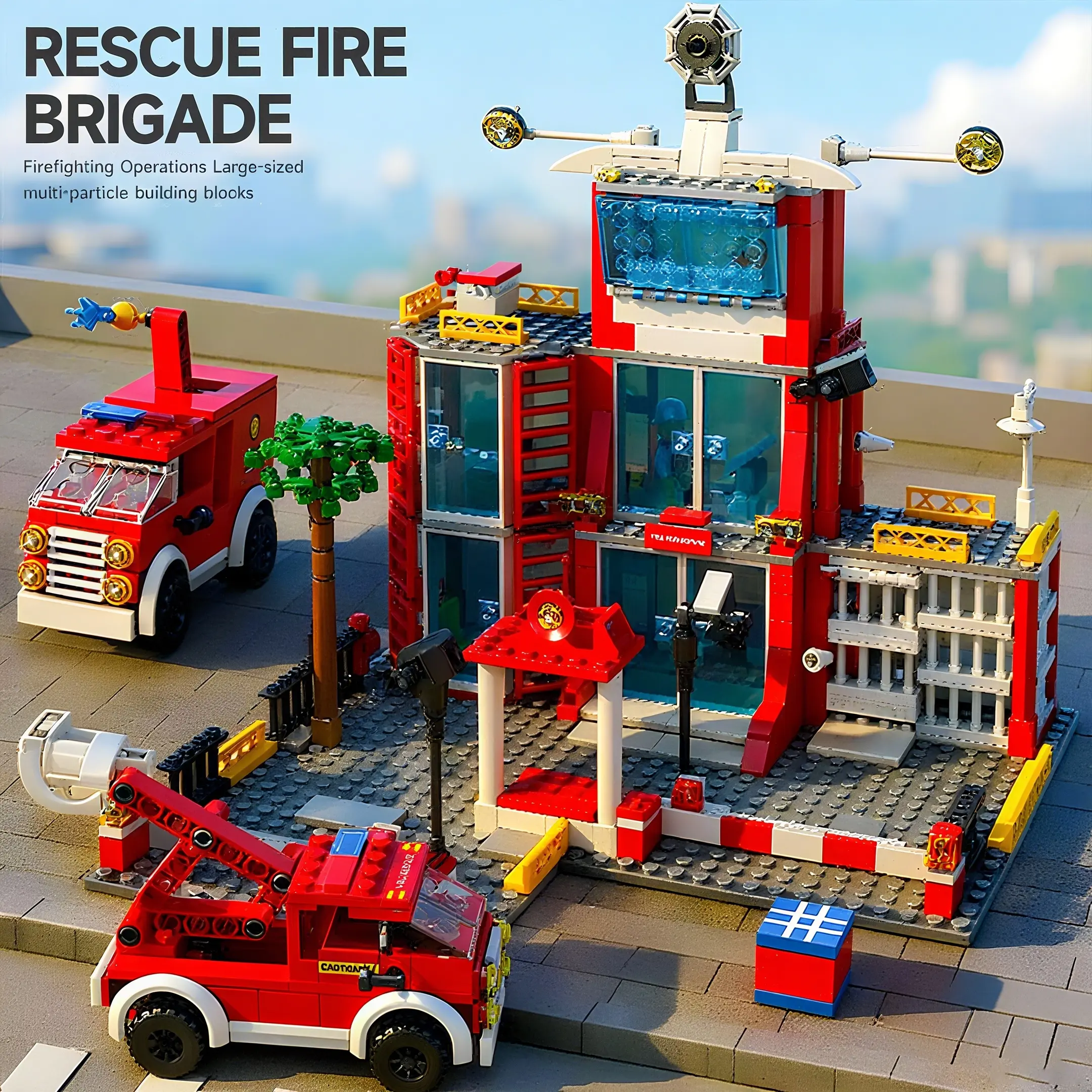 City Fire Department Model Set with 2 Fire Trucks, Classic Design DIY Creative Decoration, Moc Blocks Set, Perfect for Halloween Christmas Birthday Gifts, Building Block Sets, Building Blocks Kit, Assembly Blocks Set