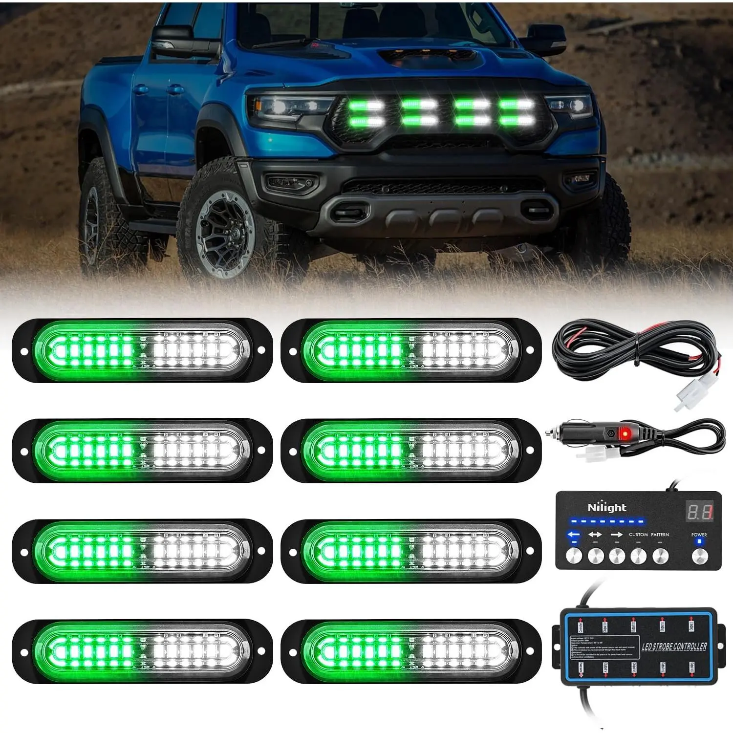 Nilight Aluminum Vehicle Safety Strobe Lights Kit, 12V-24V 8 LED Surface Mount Amber Bars with 18 Strobe Patterns, High Visibility Work Lights, 11.48ft Sync Controller with Main Box, 8 Pcs Rubber Pads for Trucks/ATVs