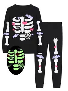 Girls' Halloween Luminous Skeleton Long-Sleeve Top & Pants Set - Snug Fit Homewear & Sleepwear 2-Piece Outfit