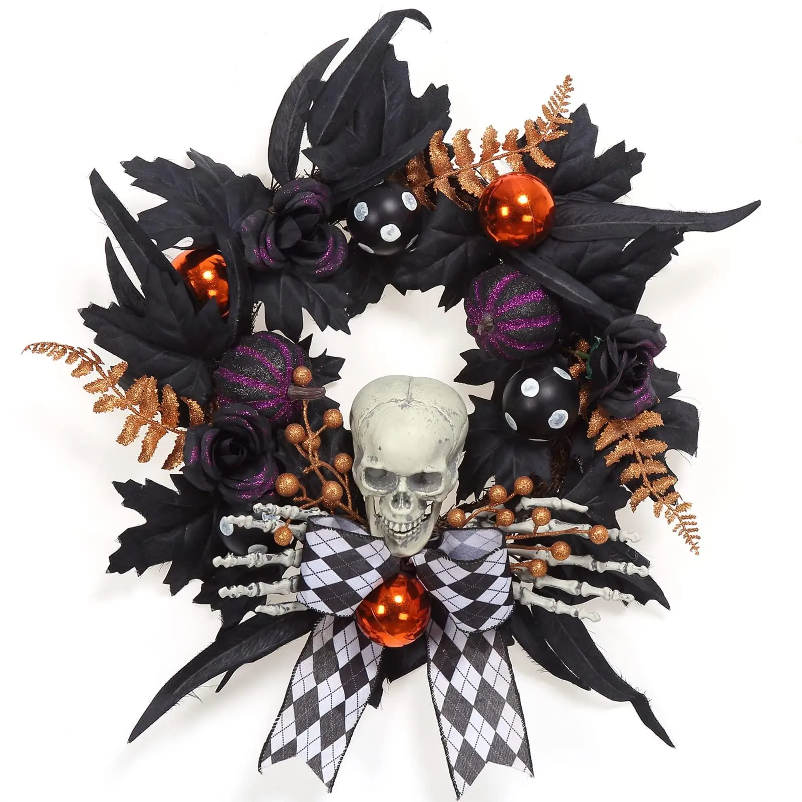 Garvee Halloween Wreath for Front Door Halloween Skeleton Decorations, 20 Inch Pumpkin Wreath with Skull Black Roses Maple Leaves for Window Indoor Outside Home Party Decor