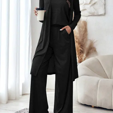 Women's Solid Long Sleeve Outerwear & Pocket Wide Leg Pants & Cami Top Set, Casual Style Set, Casual Fashion Outfits for Daily Wear, Basic Womenswear, Casual Loungewear Set, Knitted Fashion Set