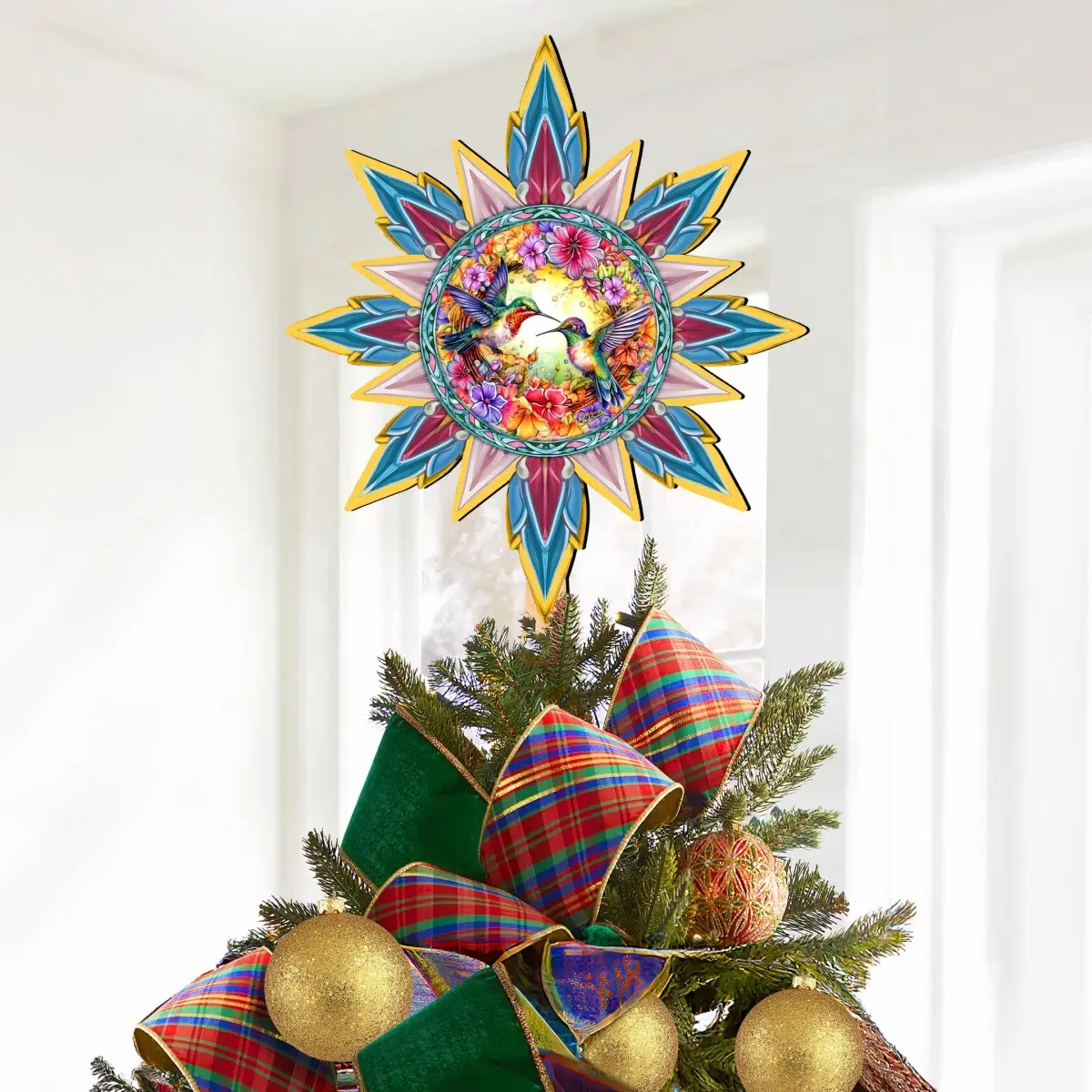 G. Debrekht 89512 Hummingbird Heaven Star Wooden Tree Topper, Unisex Farmhouse Artistic Lightweight Decoration, Wildlife Holiday Festive Home Decor