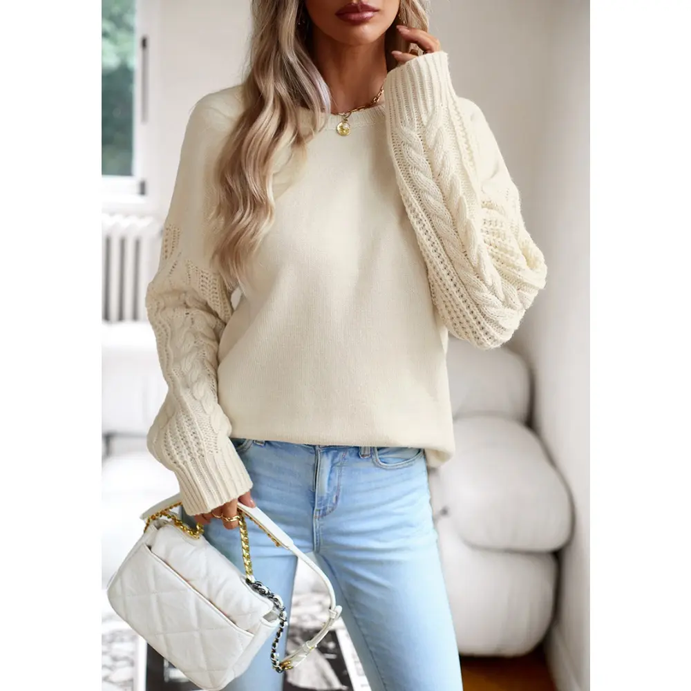 Women's Chunky Cable Knit Pullover Sweater, Oversized Crew Neck Top in Thick Knitwear Fabric with Long Sleeves, Basic, Round Neck, Casual, Chunky Knit, Chic, Fashion Apparel, Acrylic, Solid, Party, Ribbed Cuffs