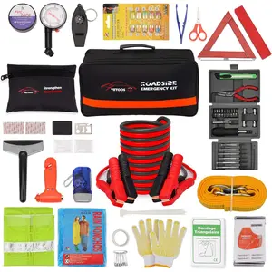 Roadside Emergency Car Kit with Jumper Cables, Auto Vehicle Safety Road Side Assistance Kit Essentials, Winter Car Kit for Women and Men, with Mini Car Tool Set, Dial Tire Pressure Gauge