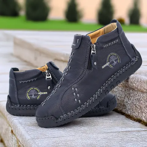 Women's Hand Sewn Leather Outdoor Casual Shoes Fashion Walking Shoes Zipper Classic Workwear Style.