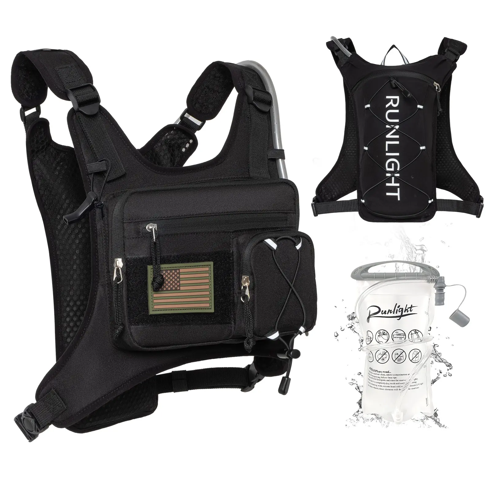 1.5L Hydration System Survival Vest - Modular, Lightweight, Active with DE/US/UK Flags. Ideal for Hunting, Hiking, Outdoor Trail Running.