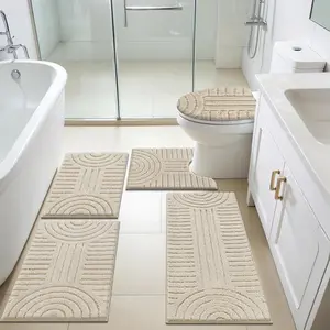 Rugs Sets 5 Piece Soft Absorbent Microfiber Bath Mat with Bath Runner, U Shape Rug, Lid Cover, Non Slip Machine Washable Carpet for, Bedroom, Light Beige
