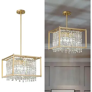 Modern Foyer Chandelier, Gold Crystal Chandelier Entryway Pendant Light Fixture, Square Adjustable Height Chandeliers for Kitchen Island, L15.74'' x H9.84''