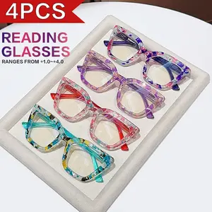 4PCS Women's Fashion Retro Square Studded Floral HD Reading Glasses High Quality Eyewear Square Frame Eyeglasses - Elegant & Artistic PC Frame, +1.0 to +4.0 Diopters, Lightweight & Durable for Daily Office, Computer Work & Reading