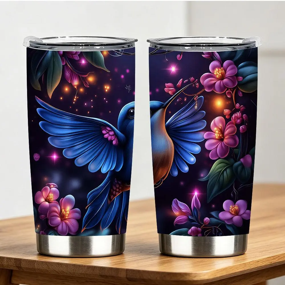 1Pc Dark Blue Stainless Steel Tumbler with Hummingbird and Purple Night Flower Print, 12oz/18oz/20oz/22oz/30oz/40oz, Vacuum-Insulated Travel Coffee Mug with Handle and Straw Lid, Leakproof Reusable Drinking Cup