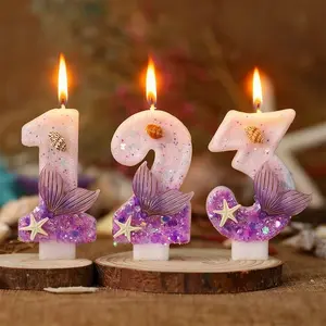 1pcs Mermaid Themed Birthday Candles Sparkling Party Supplies Number Candles for Cake Decoration, Ideal Gift for Little Girls Under The Sea Themed Birthday Party Decorations