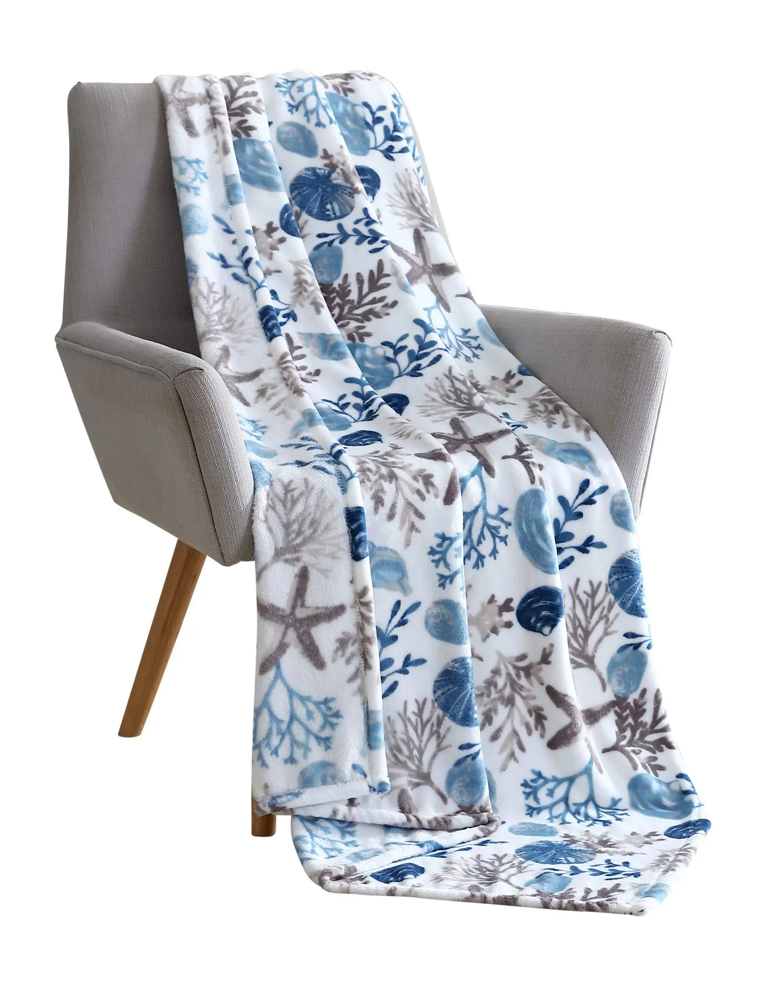 Cozy Soft Fluffy Gentle Throw Blanket - Coastal Ocean Beach Design with Seashells, Blue Grey Hues on White Accent, Bedroom Sofa Blanket for Couch or Bed, Blankets For Sofa
