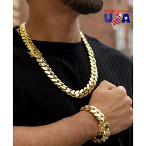 18mm Width Soild Stainless Steel Cuban Maimi Link Chain Necklace,14k Gold Plated Necklace for Men Women
