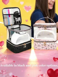 Valentine's Day Romantic PU Leather Nail Polish Organizer, Double-Layer Clear Storage Bag for 30 Bottles, Vanity Makeup Organizer, Makeup Storage Bag, Geometric Pattern, All Seasons