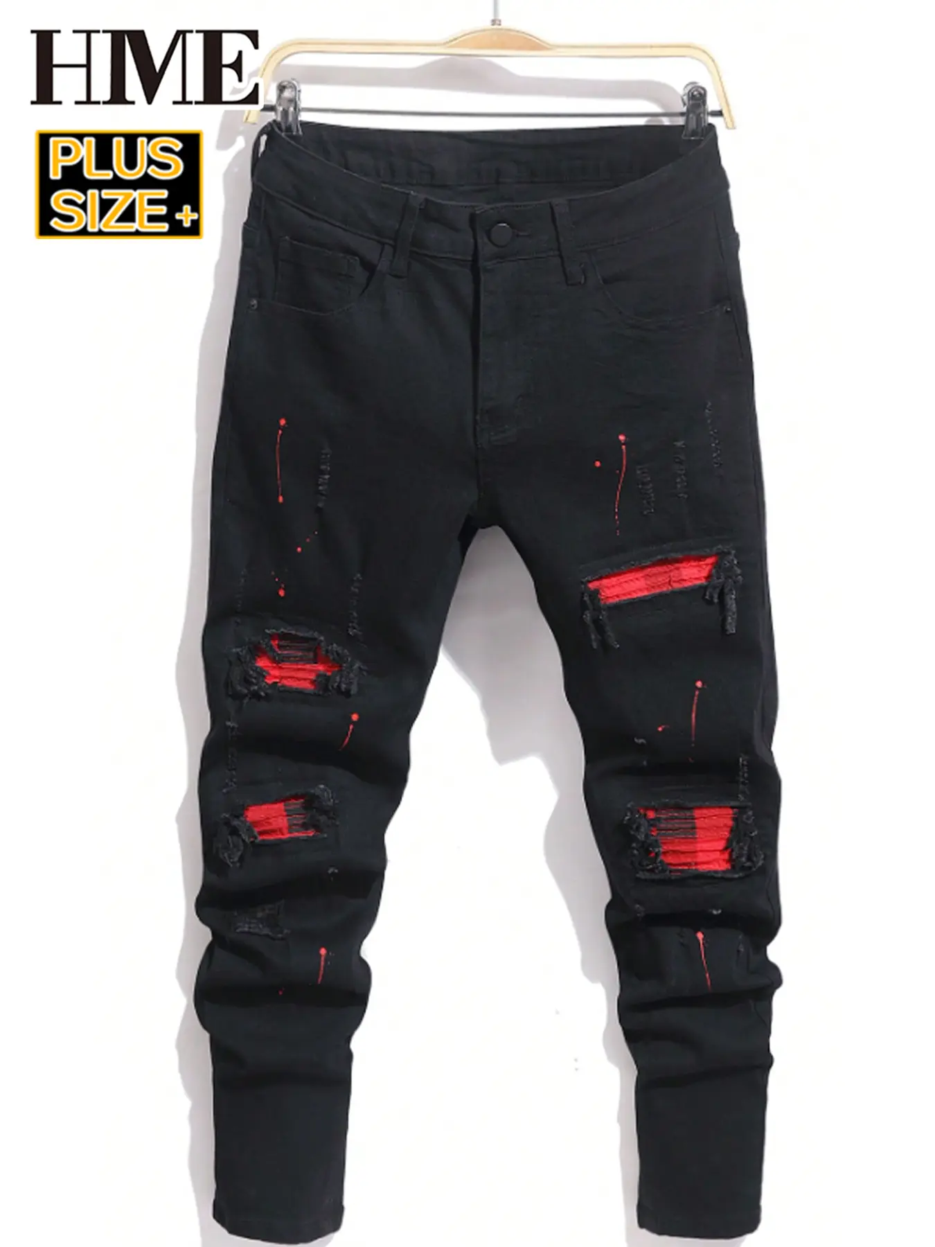 Men's Big & Tall Black Ripped Slim Fit Jeans, Cotton Spandex Blend Stretch Denim Pants with Red Paint Splatter & Red Underlayer Patches, Casual Hip Hop Streetwear Distressed Jeans for Men