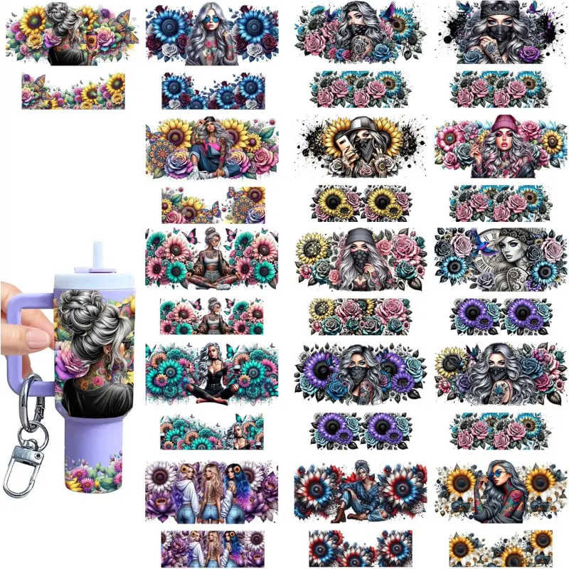 Keychain UV DTF Wraps - 16 Pcs Funny Animal Motel Keychains Uvdtf Wrap Decals, Decorations, Sunflower Girl Blank Keychain UV DTF Transfer Craft Decor Beatiful Butterfly Fun Gifts for Coworkers (Lady)
