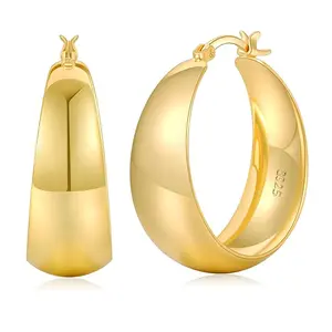 Women's 12mm Wide Curved Shape Hoop Earrings, Brass Base, 14K Gold Light Luxury Style, Hypoallergenic Earrings Set, Everyday Wear, Gift for Women with Gift Box, Fashion For Women, Jewelry For Women