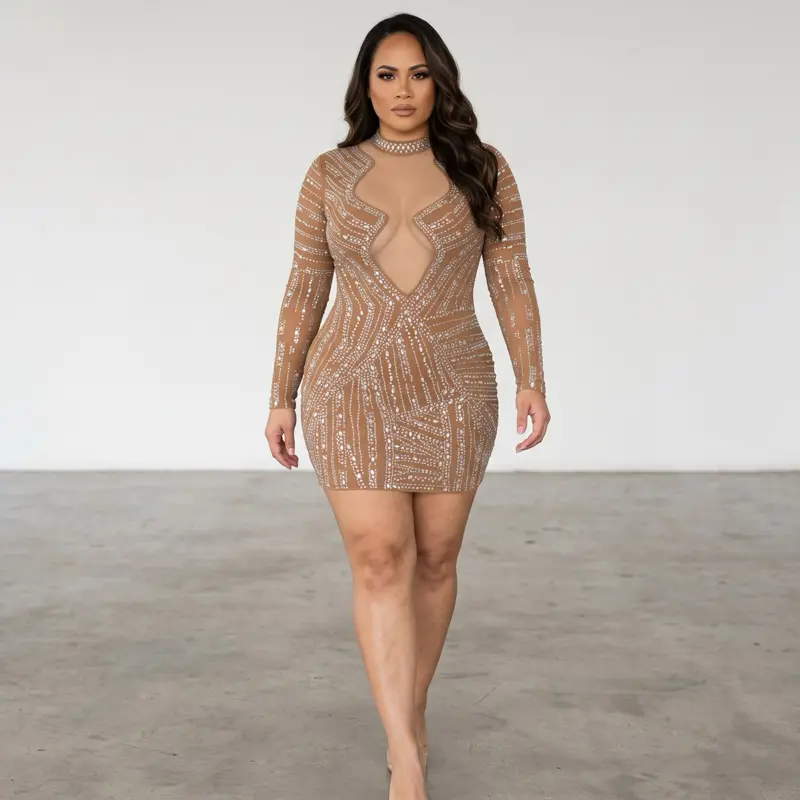 Elegant Beaded Mini Dress with Long Sleeves and Deep V-Neckline for Women