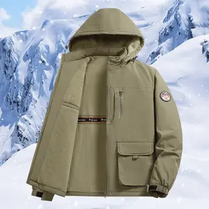 Men's Outdoor Fleece Lined Softshell Jacket Warm Hooded Cotton Coat Multi Pocket Workwear Casual Overcoat for Snowy Mountains Winter Fashion Clothing Beige