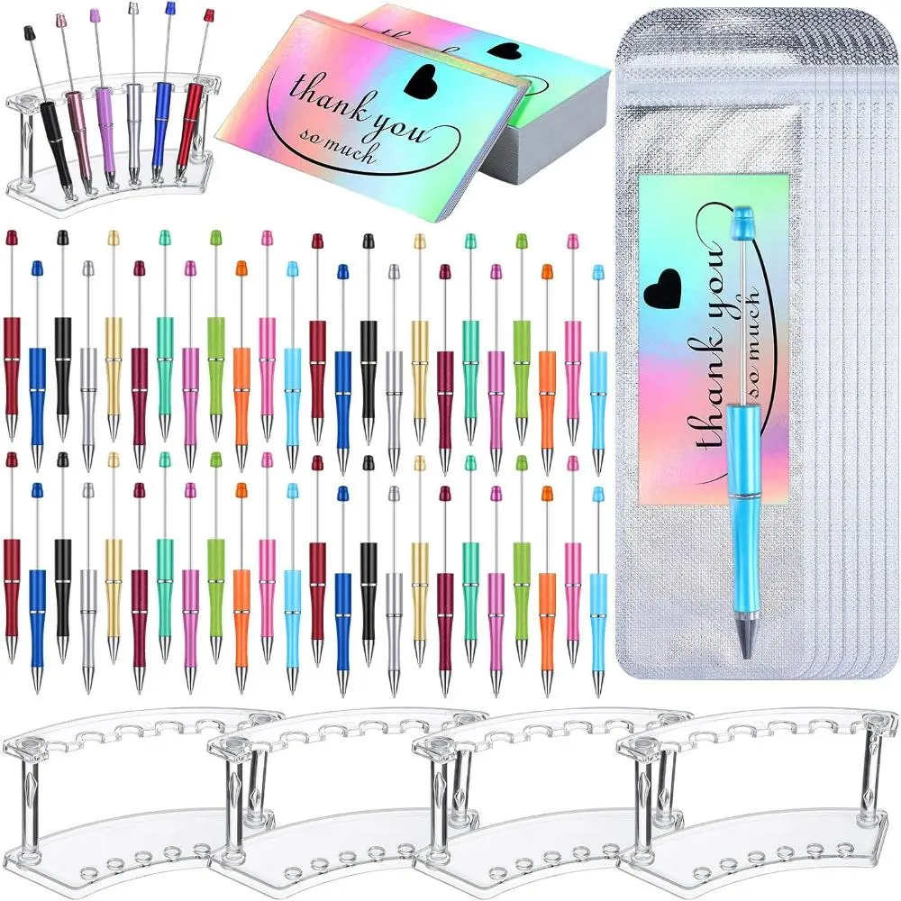 148 Pcs Beadable Pen Set Back to School Gift 48 Plastic Beadable Pen 48 Resealable Pouch Bag 48 Thank You Cards 4 Pcs Plastic Pen Holder Clear Display Stand for Student Set With Pen Smooth Writing Pens