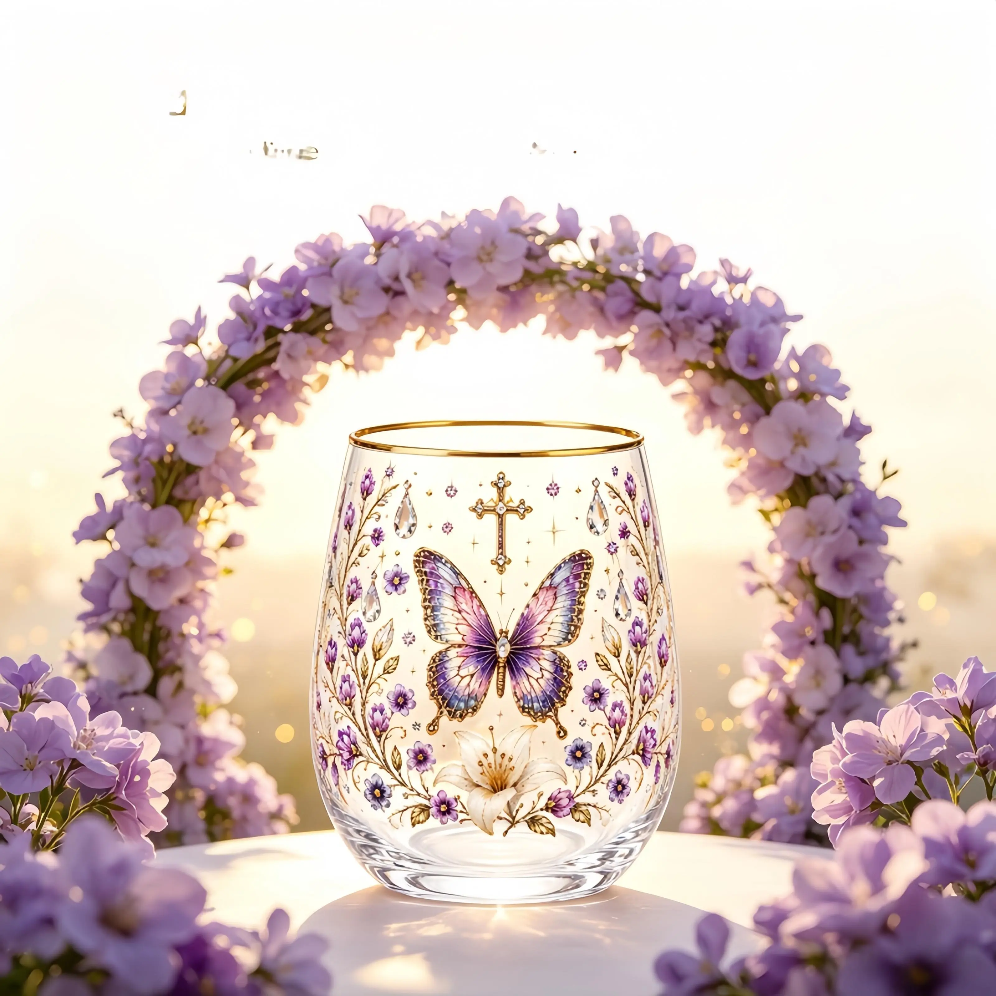 Set of 4 summer limited edition handmade painted glass cups: light luxury home juice/wine cup set; French-style light luxury hand-painted printed glass egg cups; gilded rim with sea turtle and butterfly patterns; decorative glass juice/wine water glasses.