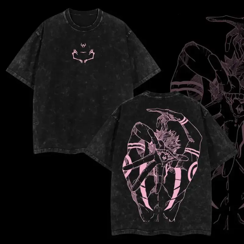 Women's Oversized T-Shirt, Vintage Washed Ryomen Sukuna Anime Graphic Print, Otaku Style Short Sleeve Casual Cotton Streetwear Top, Garment, Customized, Basic, Shortsleeve, Oversized Tshirt Women, Outdoors, Flat, Affordable Fashion