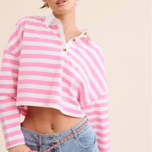 Women's Pink Striped Polo Shirt with Button Collar