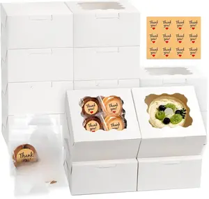 12 Pcs White Bakery Boxes with Window 6x6x3 Inches Food Grade Cookie Bags & Stickers for Dessert Pastry Chocolate Strawberries Macarons Donut Cupcake