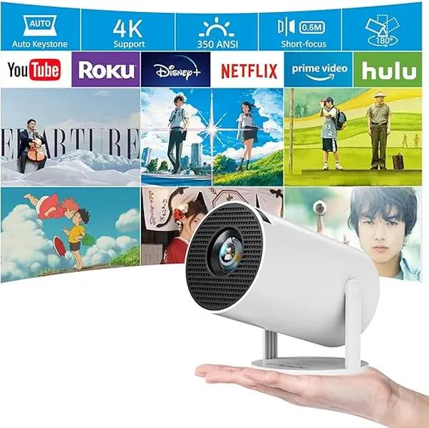 Enhanced White Chargeable 4K Mini Projector: WiFi6/Bluetooth 5.2, 180° Rotation, Auto Keystone, Multi-port Compatible