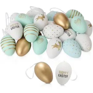 24 Golden Pastel Easter Eggs with Bunny Patterns | 8 Unique Designs for Table & Outdoor Decorations | 2025 Easter Decor Plastic Set