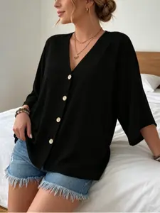 Plus Size V-Neck Blouse, Vintage Button Design, Loose Bat Sleeve, Breathable Texture, Slimming Effect, Casual Vacation Wear