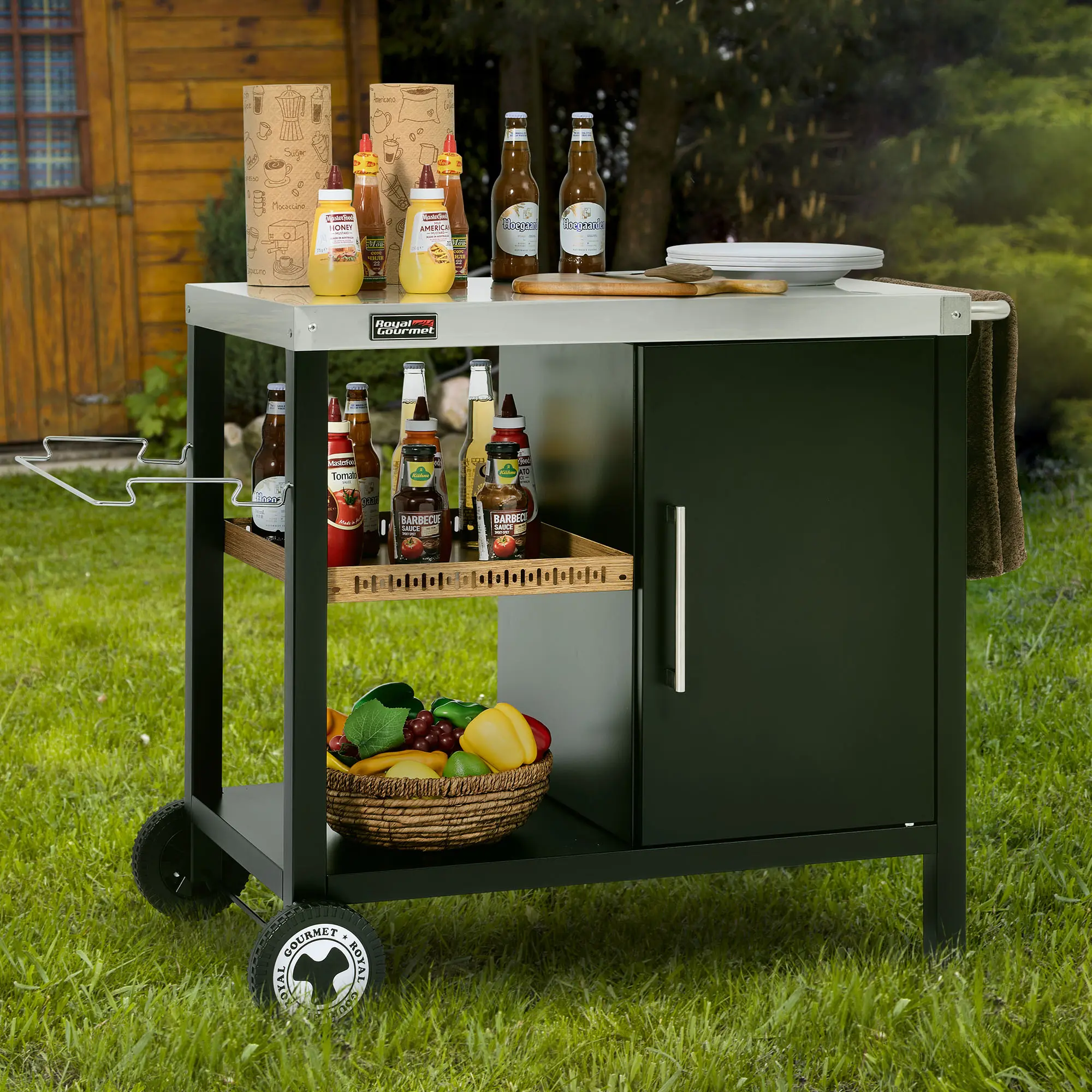 Royal Gourmet PC3402S 3-Tier Dining Cart, 34"x20" Stainless Steel Flattop Food Prep Table with Storage Cabinet, Trash Bag Holder & Multifunctional Handle, Movable Work Cart for Indoor/Outdoor, Black bbq party