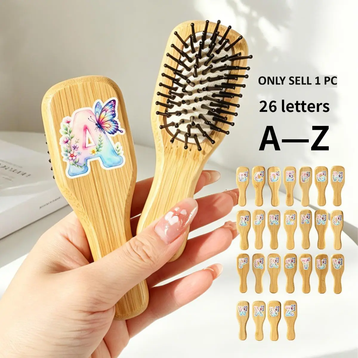 Personalized Gradient Color Massage Comb, Bamboo Wood Material, 26 Letters, Flower Pattern, Portable Hair Styling Brush, Gift for Women