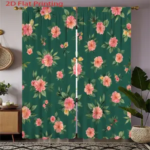 2pcs Elegant Floral Print Curtains - Peach & Pink Flowers on Green Background