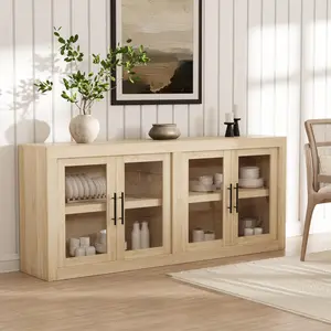 Garvee 70.8 in Sideboard Buffet Cabinet with Storage, Mid Century Modern Accent Cabinet with 4 Glass Doors, Wood Coffee Bar Media Console Credenza for Living Room, Kitchen, Hallway, Natural