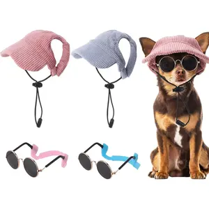 2 Set Small Dog Baseball Hat with Ear Holes and Pet Sunglasses for Beach, Puppy Sun Hats for Small Dogs (Pink, Blue)
