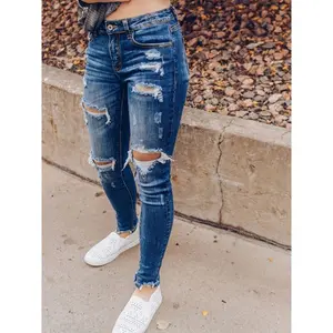 Distressed Skinny Jeans for Women - Mid-Rise Stretch Denim with Ripped Detailing, Blue with White Spray Paint Edges, Comfort Streetwear Can be used with raincoat
