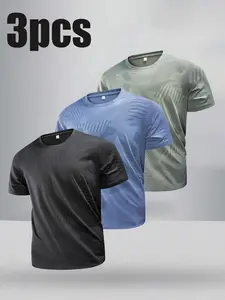 3pcs Men's Camouflage Print Quick Dry T-Shirts, Breathable Mesh Workout Tops, Moisture Wicking Sports Tees, Fitness Shirts, Training Shirt for Running, Gym & Casual Wear