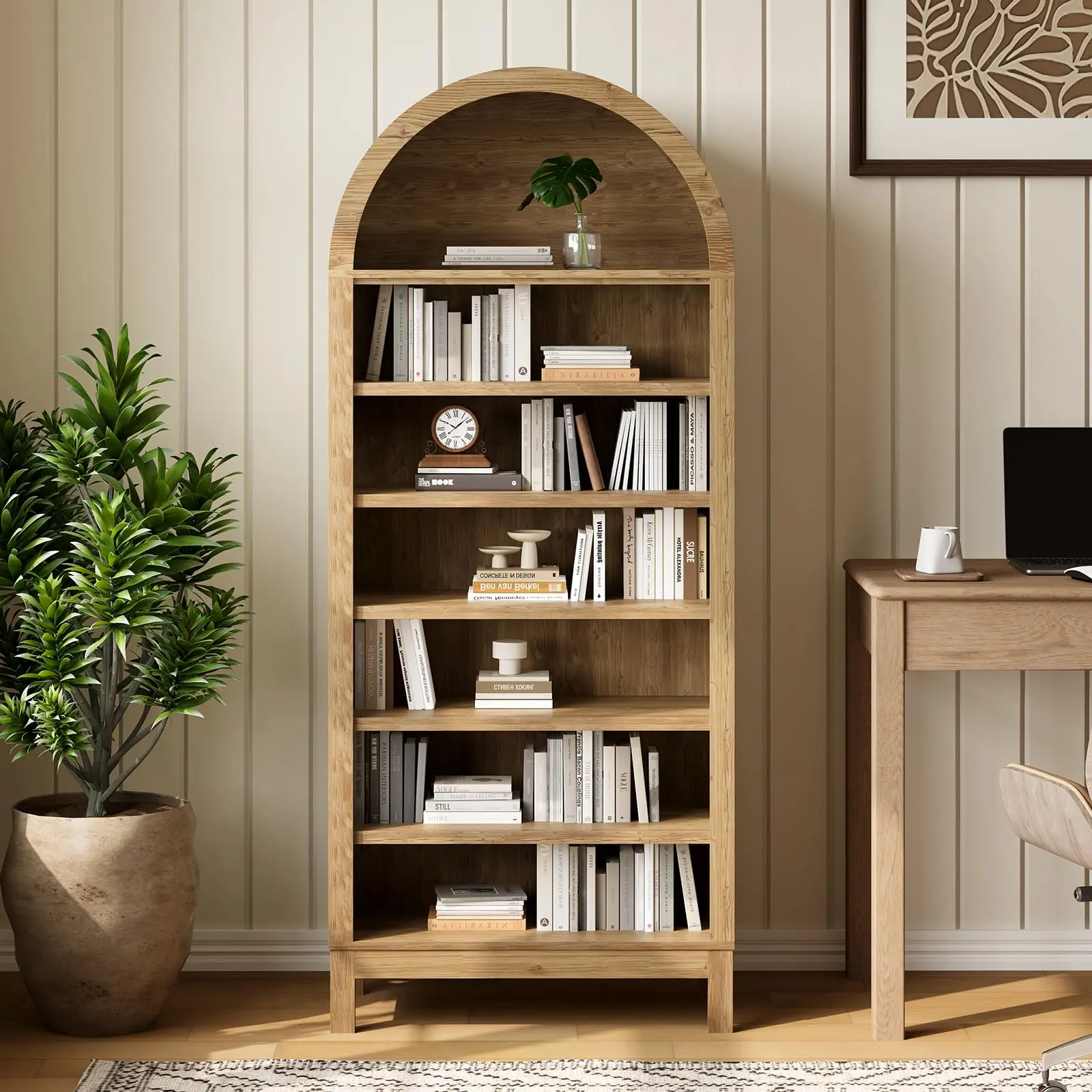 71" Tall Freestanding Engineered Wood Arched Shoe Cabinet & Bookshelf - Slim, Space-Saving Contemporary Living Room Entryway Organizer with Adjustable Shelves for Shoes, Books, Décor