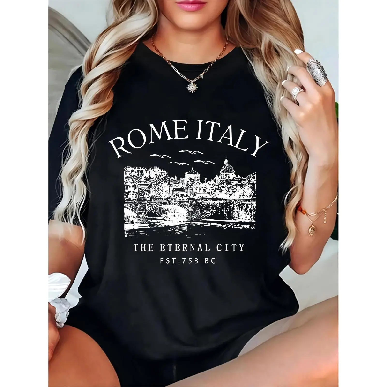 Women's Crew Neck Short-Sleeve 100% Cotton Lightweight Breathable T-Shirt, Black Rome Italy Graphic Top - Eternal City Est.753 BC Cityscape & Birds Print, Casual Travel Streetwear, Tshirt, Fit, Round Neck, Birds Graphic, Comfortable, Shortsleeve, Relaxed