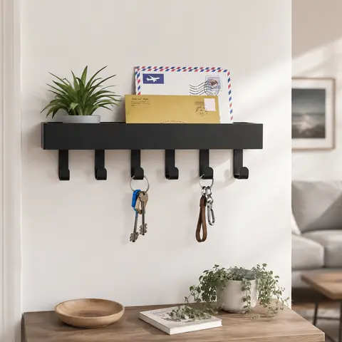 1-Count Industrial Carbon Steel Wall Hanging Key Organiser with Wooden-Accent Shelf, Multifunctional Hooks, Easy Installation Home Decor Accessory for Entryway Kitchen, Space-Saving Gift for Home Shelves