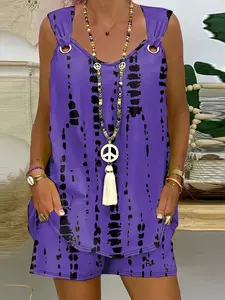 【Plus Size】Two-Piece Set All Over Print Scoop Neck Tank Top & Elastic Waist Shorts Set, Casual Sleeveless O-ring Detail Top & Shorts, Women's Two-piece Outfits for Summer